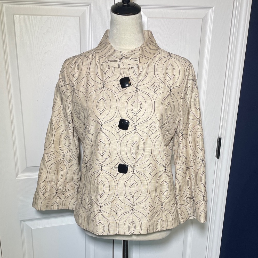 T. Renz Beige Black Embroidered 3/4 Sleeve‎ Silk Dress Jacket Size Medium